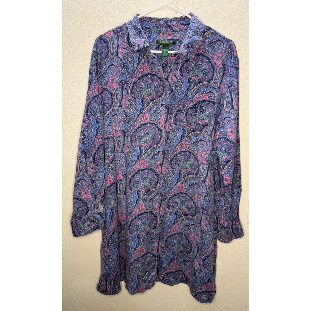 Lauren Ralph Lauren Blue Pink Paisley Cotton Blend Sleep Shirt Nightgown XL